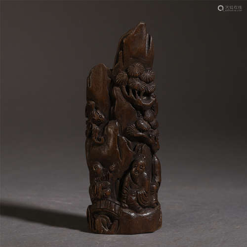 CHINESE AGALWOOD TABLE ITEM CARVED WITH SCHOLAR'S UNDER PINES TREE