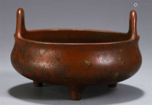 CHINESE BRONZE TRIPLE FOOT DOUBLE HANDLE CENSER