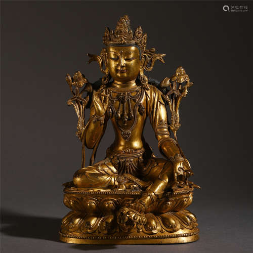 CHINESE GILT BRONZE SEATED GUANYIN WITH CORONET