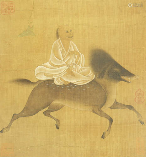 CHINESE SILK HANDSCROLL PAINTING OF FIGURE ON THE BEAST