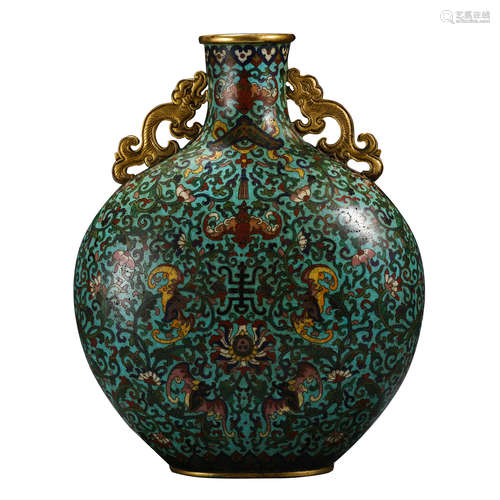 CHINESE CLOISONNE FLOWERS DOUBLE HANDLE MOON FLASK VASE