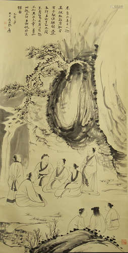 CHINESE PAINTING OF SCHOLAR GATHERING IN LANDSCAPE BY ZHANG DAQIAN