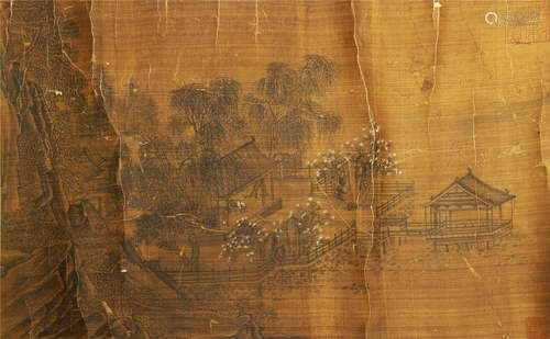 CHINESE SILK HANDSCROLL PAINTING OF PAVILION IN MOUNTAINS