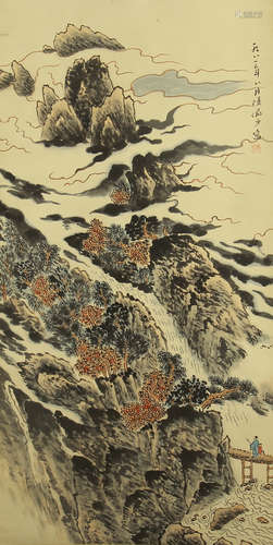 CHINESE PAINTING OF FIGURE IN MOUNTAIN VIEWS BY LU YANSHAO