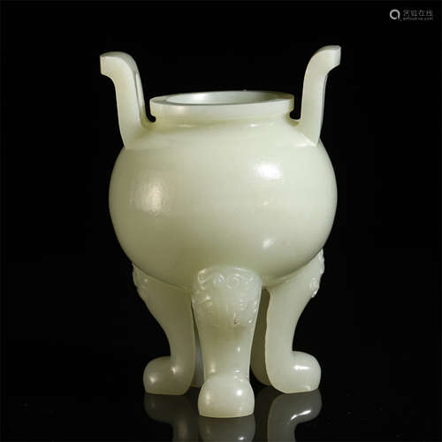 CHINESE JADE CARVED TRIPLE BEAST FOOT DOUBLE HANDLE CENSER