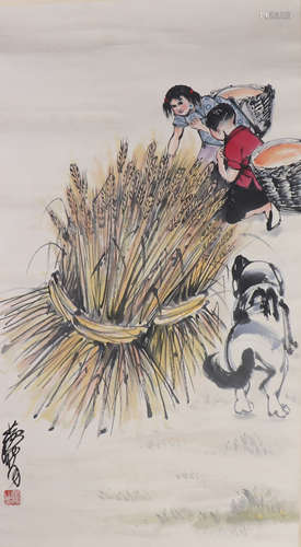 CHINESE PAINTING OF FIGURE AND DOG BY HUANG ZHOU