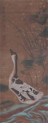 CHINESE SILK HANDSCROLL PAINTING OF GOOSE IN LOTUS POND