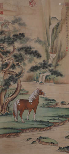 CHINESE PAINTING OF HORSE UNDER THE PINES TREE