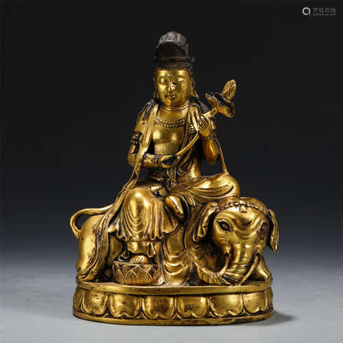 CHINESE GILT BRONZE BUDDHA STATUE ON TOP OF ELEPHANT