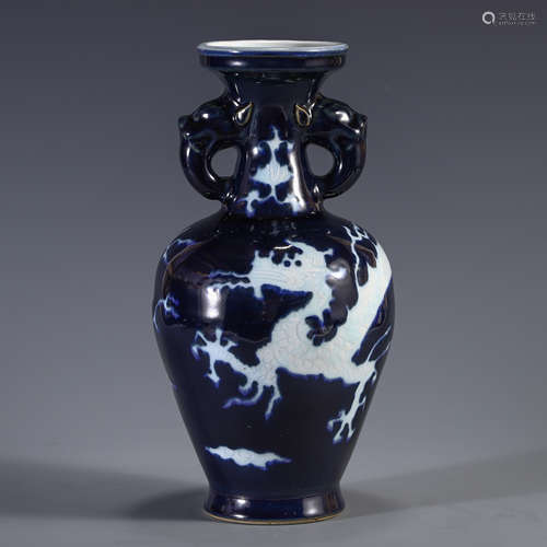 CHINESE BLUE GLAZE DRAGON PATTERN DOUBLE HANDLE VASE