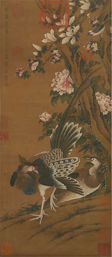 CHINESE SILK HANDSCROLL PAINTING OF FLOWER AND PEACOCKE