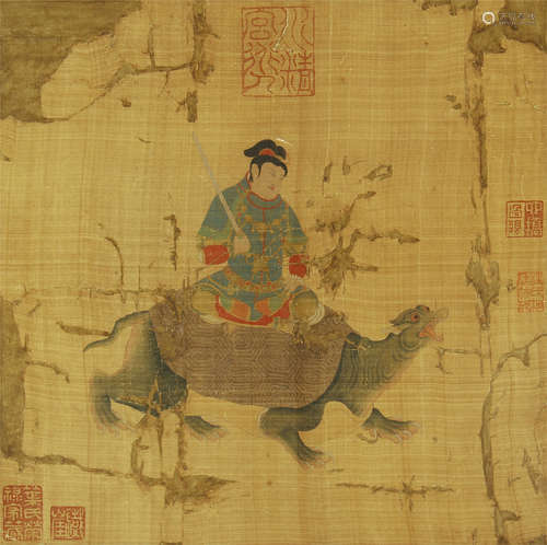 CHINESE SILK HANDSCROLL PAINTING OF WARRIORS ON BEAST