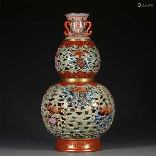 CHINESE FAMILLE ROSE CARVED GLAZED OPENWORK GOURD VASE