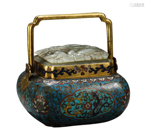 CHINESE CLOISONNE INLAID JADE CARVED LONG HANDLE CENSER