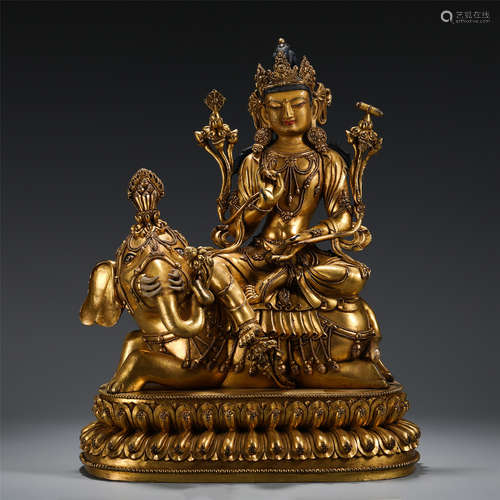 CHINESE GILT BRONZE GUANYIN ON THE ELEPHANT