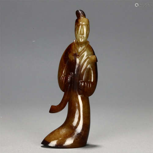 CHINESE BROWN AND RUSSETJADE FIGURE OF COURT LADY STATUE