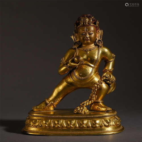 CHINESE GILT BRONZE JAMBHALA ON LOTUS