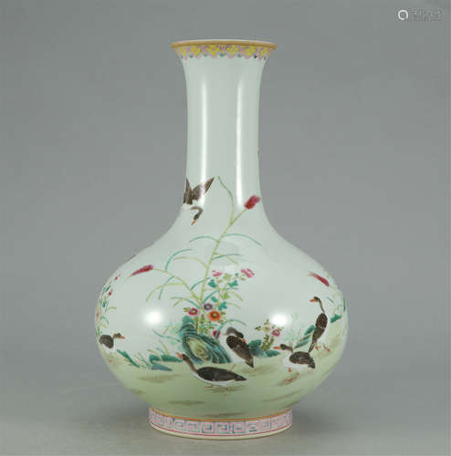 CHINESE FAMILLE ROSE FLOWER BIRD TIAN QIU VASE