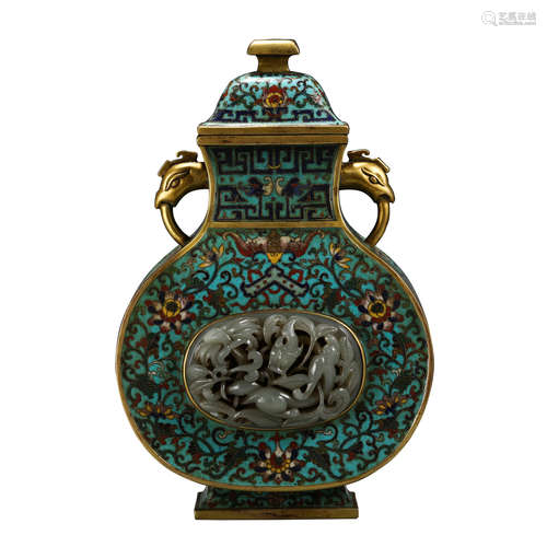 CHINESE CLOISONNE INLAID JADE CARVED DOUBLE HANDLE LIDDED VASE