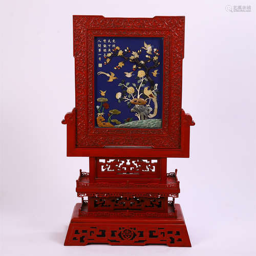 CHINESE CINNABAR CARVED GEM STONE INLAID TABLE SCREEN