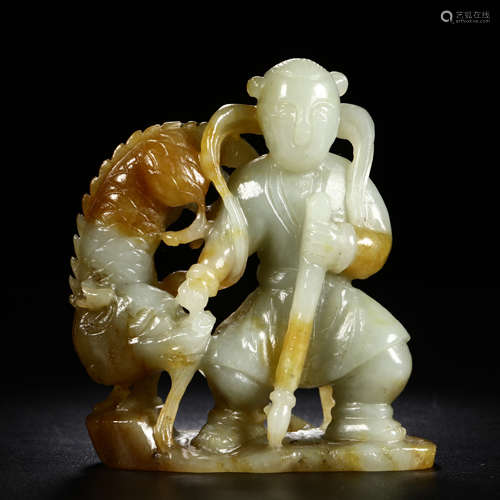 CHINESE BROWN AND RUSSET JADE TABLE ITEM WITH BOY AND DRAGON