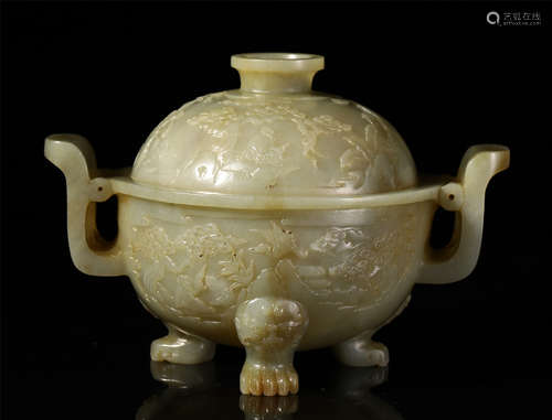 CHINESE JADE DOUBLE HANDLE TRIPLE FOOT CENSER CARVED FIGURE AND STORY