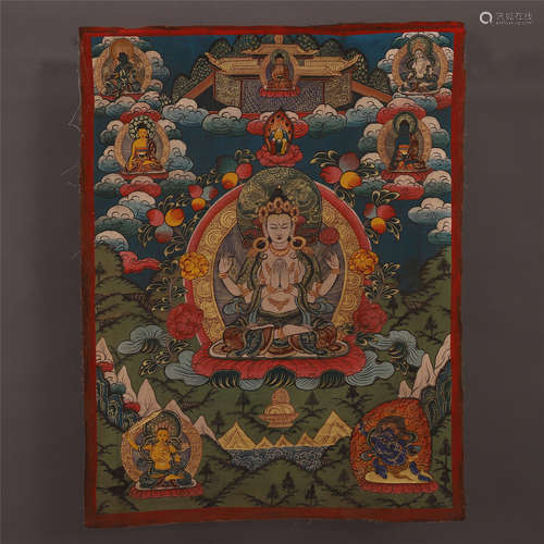 CHINESE TIBETAN THANGKA WITH FOUR ARMS GUANYIN