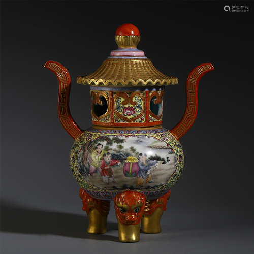 CHINESE FAMILLE ROSE TRIPLE BEAST FOOT LIDDED CENSER