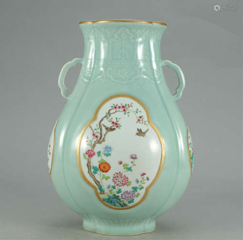 CHINESE CELADON GLAZE FAMILLE ROSE DOUBLE HANDLE ZUN VASE