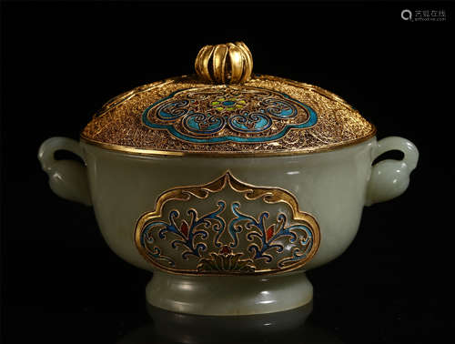 CHINESE JADE CARVED INLAID GILT DOUBLE HANDLE BOWL AND COVER