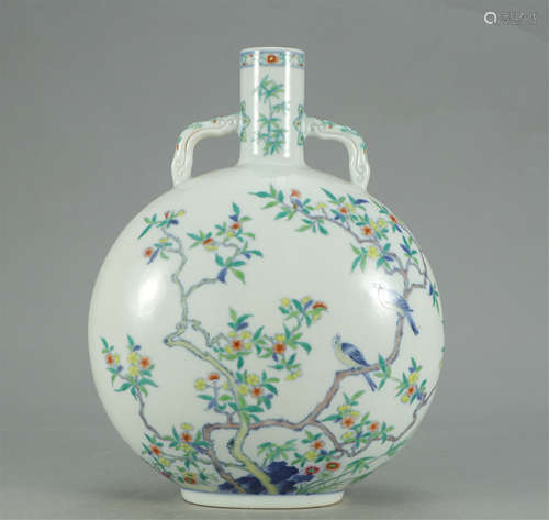 CHINESE DOUCAI PORCELAIN FLOWER BIRD MOON FLASK VASE