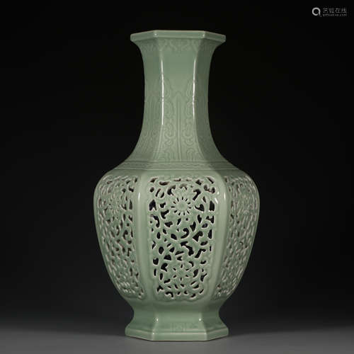 CHINESE CELADON CARVED GLAZED OPENWORK HEXAGONAL VASE