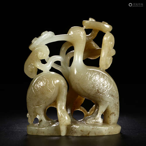 CHINESE CARVED JADE OPENWORK DOUBLE CRANES LINGZHI TABLE ITEM