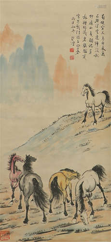 CHINESE PAINTING OF RUNNING STEEDS IN MOUNTAIN BY XU BEIHONG