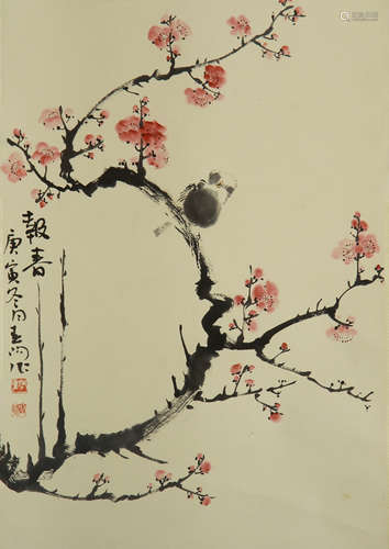 CHINESE INK AND COLOR PAINTING OF BIRD PLUM FLOWER