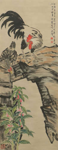 CHINESE INK AND COLOR PAINTING OF ROOSTER ON ROCK BY QI BAISHI