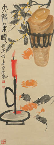 CHINESE PAINTING OF MOUSES AND CANDLE BY QI BAISHI