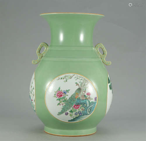 CHINESE CELADON GLAZE FAMILLE ROSE FLOWER BIRD DOUBLE HANDLE VASE