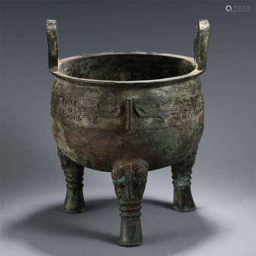 CHINESE ANCIENT BRONZE TRIPLE BEAST FOOT DOUBLE HANDLE CENSER