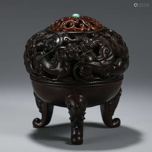 CHINESE ROSEWOOD CARVED TRIPLE FOOT BEAST LIDDED CENSER