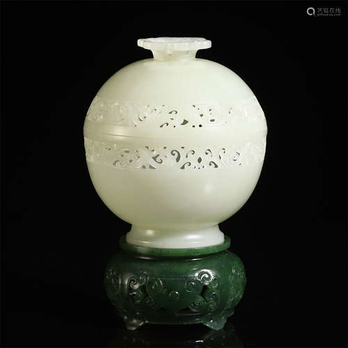 CHINESE CARVED JADE OPENWORK CENSER WITH SPINACH JADE STAND