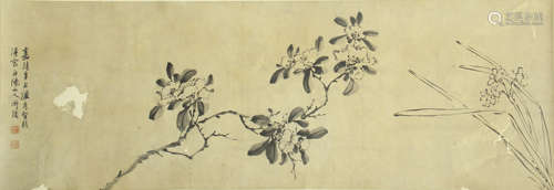 CHINESE HANGING SCROLL INK PAINTING OF FLOWERS BLOSSOMMING