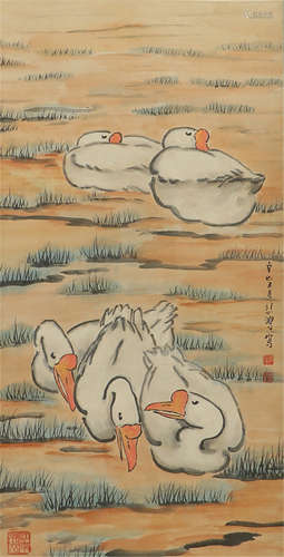 CHINESE PAINTING OF FIVE DUCKS ALONG THE RIVER BY XU BEIHONG