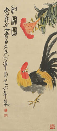 CHINESE INK AND COLOR PAINTING OF ROOSTER AND COCKSCOMBS