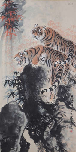 CHINESE PAINTING OF DOUBLE TIGERS IN MOUNTAIN BY ZHANG SHANZI