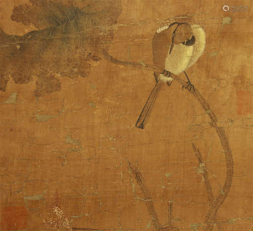 CHINESE SILK HANDSCROLL PAINTING OF BIRD ON THE TREE