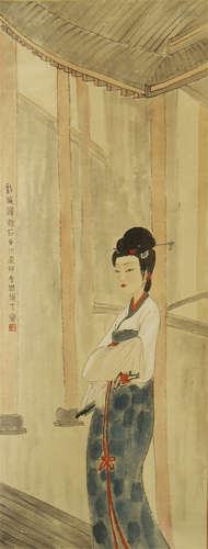 CHINESE PAINTING OF BEAUTY FIGURE IN GARDEN