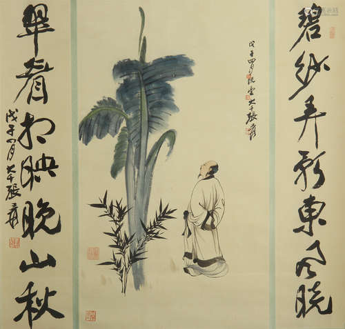 A PAIR OF INK HAND-WRITTEN COUPLETS AND A HAND PAINTING BY ZHANG DAQIAN