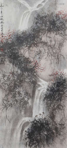 CHINESE PAINTING OF SCHOLAR AND WATERFALL IN MOUNTAIN BY FU BAOSHI