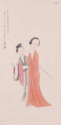 CHINESE PAINTING OF FIGURE OF COURT LADYS BY GAI QI